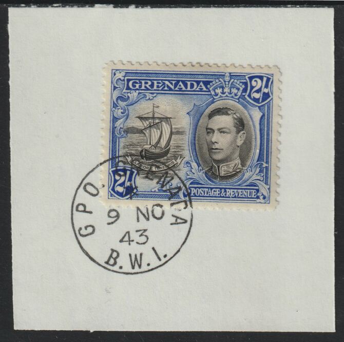 Grenada 1938 KG6 2s black & ultramarine on piece cancelled with full strike of Madame Joseph forged postmark type 209, stamps on , stamps on  stamps on , stamps on  stamps on  kg6 , stamps on  stamps on forgeries