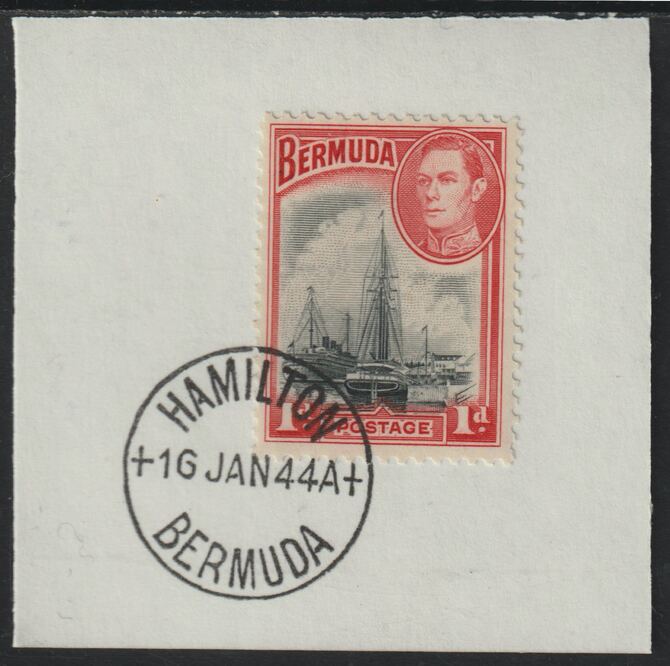 Bermuda 1938 KG6 1d black & red on piece cancelled with full strike of Madame Joseph forged postmark type 64, stamps on , stamps on  kg6 , stamps on forgeries