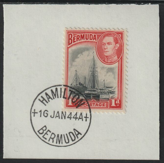 Bermuda 1938 KG6 1d black & red on piece cancelled with full strike of Madame Joseph forged postmark type 64, stamps on , stamps on  stamps on , stamps on  stamps on  kg6 , stamps on  stamps on forgeries