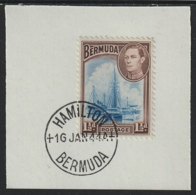 Bermuda 1938 KG6 1.5d blue & purple-brown on piece cancelled with full strike of Madame Joseph forged postmark type 64, stamps on , stamps on  stamps on , stamps on  stamps on  kg6 , stamps on  stamps on forgeries