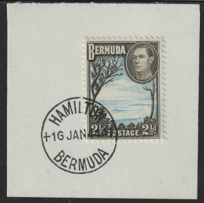 Bermuda 1938 KG6 2.5d light blue & sepia-black on piece cancelled with full strike of Madame Joseph forged postmark type 64, stamps on , stamps on  stamps on , stamps on  stamps on  kg6 , stamps on  stamps on forgeries