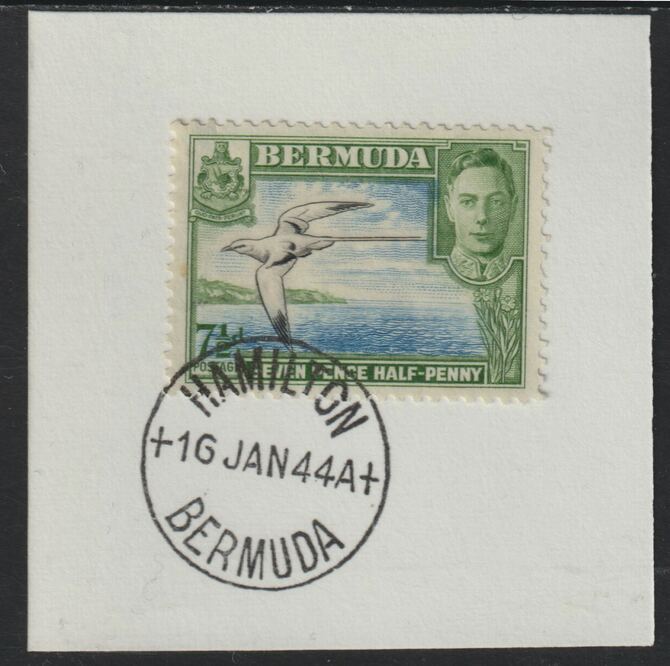 Bermuda 1938 KG6 7.5d black, blue & green on piece cancelled with full strike of Madame Joseph forged postmark type 64, stamps on , stamps on  kg6 , stamps on forgeries