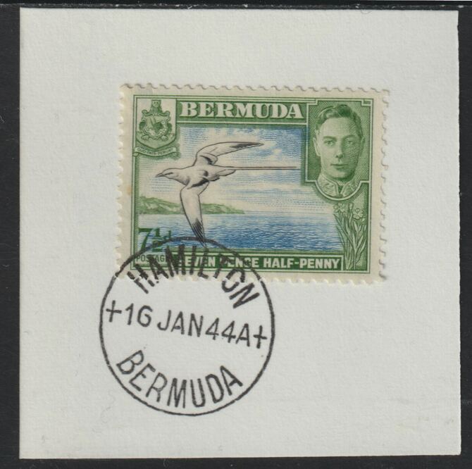 Bermuda 1938 KG6 7.5d black, blue & green on piece cancelled with full strike of Madame Joseph forged postmark type 64, stamps on , stamps on  stamps on , stamps on  stamps on  kg6 , stamps on  stamps on forgeries