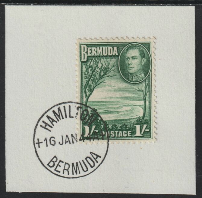 Bermuda 1938 KG6 1s green on piece cancelled with full strike of Madame Joseph forged postmark type 64, stamps on , stamps on  kg6 , stamps on forgeries