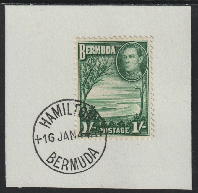 Bermuda 1938 KG6 1s green on piece cancelled with full strike of Madame Joseph forged postmark type 64, stamps on , stamps on  stamps on , stamps on  stamps on  kg6 , stamps on  stamps on forgeries