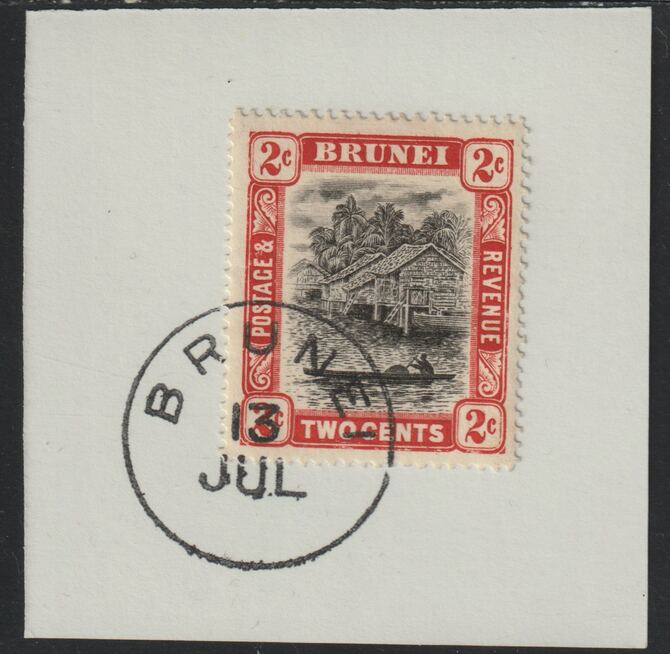 Brunei 1907 River Scene 2c grey-black & scarlet (SG24) on piece with full strike of Madame Joseph forged postmark type 104, stamps on rivers