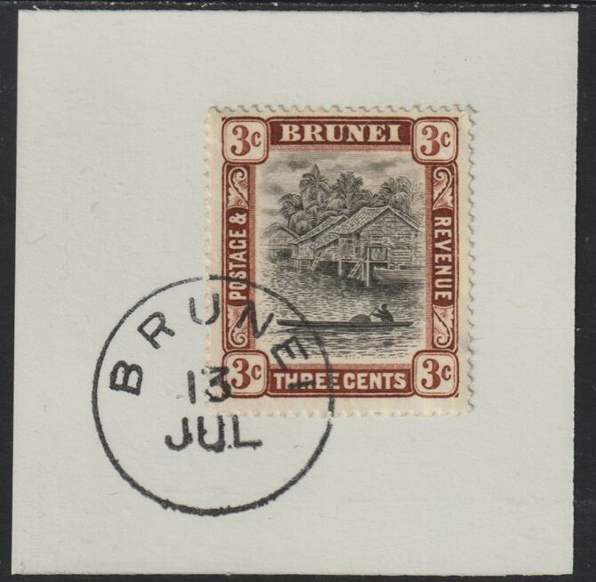 Brunei 1907 River Scene 3c grey-black & chocolate (SG25) on piece with full strike of Madame Joseph forged postmark type 104, stamps on rivers