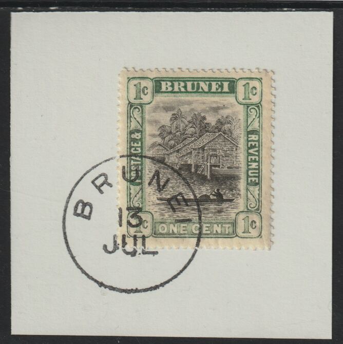 Brunei 1907 River Scene 1c grey-black & pale green (SG23) on piece with full strike of Madame Joseph forged postmark type 104, stamps on rivers