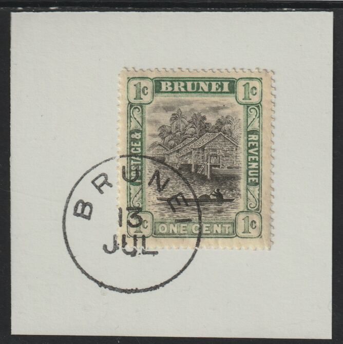 Brunei 1907 River Scene 1c grey-black & pale green (SG23) on piece with full strike of Madame Joseph forged postmark type 104, stamps on rivers