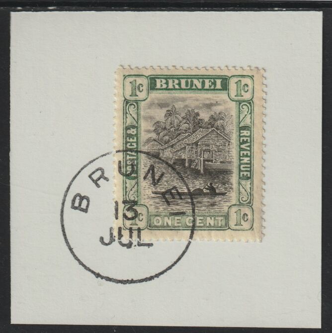 Brunei 1907 River Scene 1c grey-black & pale green (SG23) on piece with full strike of Madame Joseph forged postmark type 104, stamps on , stamps on  stamps on rivers