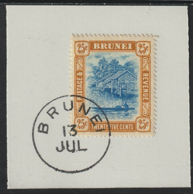 Brunei 1907 River Scene 25c pale blue & ochre-brown (SG30) on piece with full strike of Madame Joseph forged postmark type 104, stamps on rivers