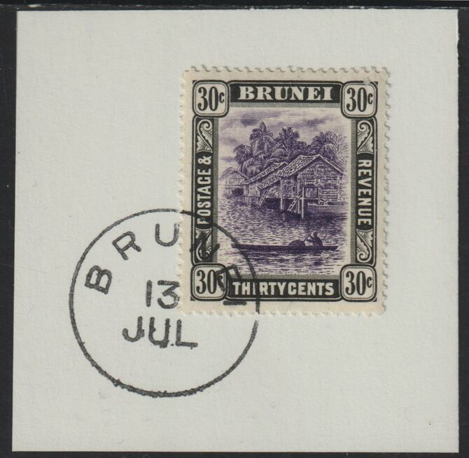 Brunei 1907 River Scene 30c violet & black (SG31) on piece with full strike of Madame Joseph forged postmark type 104, stamps on rivers