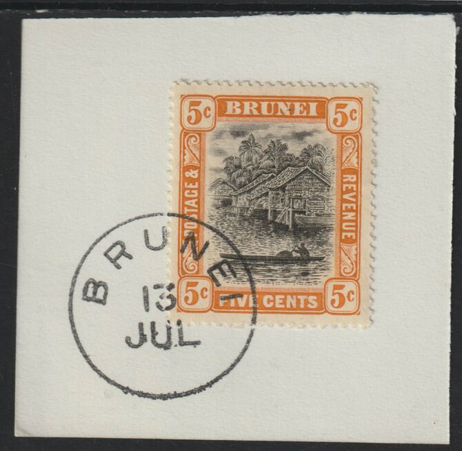 Brunei 1908 River Scene 5c black & orange (SG40) on piece with full strike of Madame Joseph forged postmark type 104, stamps on rivers