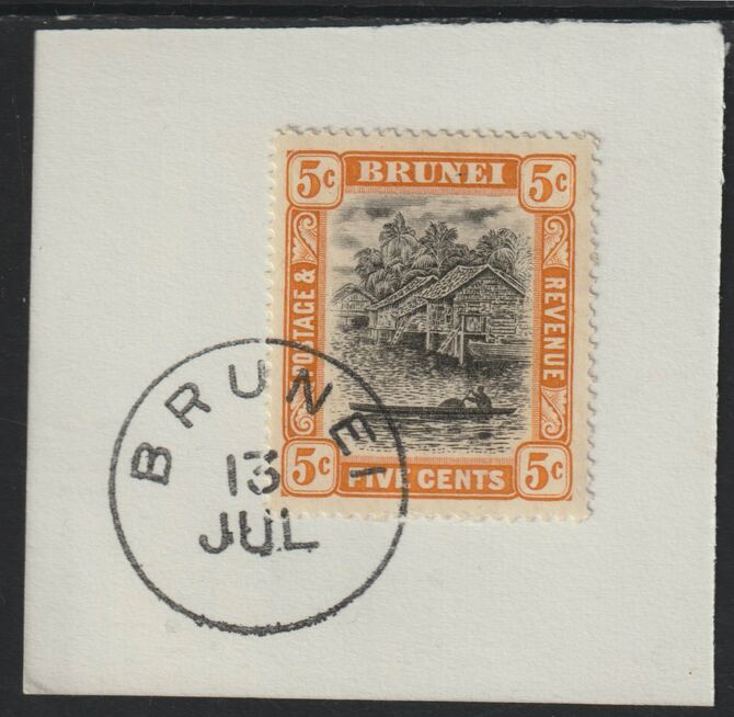 Brunei 1908 River Scene 5c black & orange (SG40) on piece with full strike of Madame Joseph forged postmark type 104, stamps on , stamps on  stamps on rivers