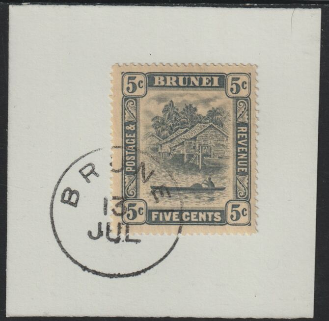 Brunei 1924 River Scene 5c grey (SG67) on piece with full strike of Madame Joseph forged postmark type 104, stamps on rivers
