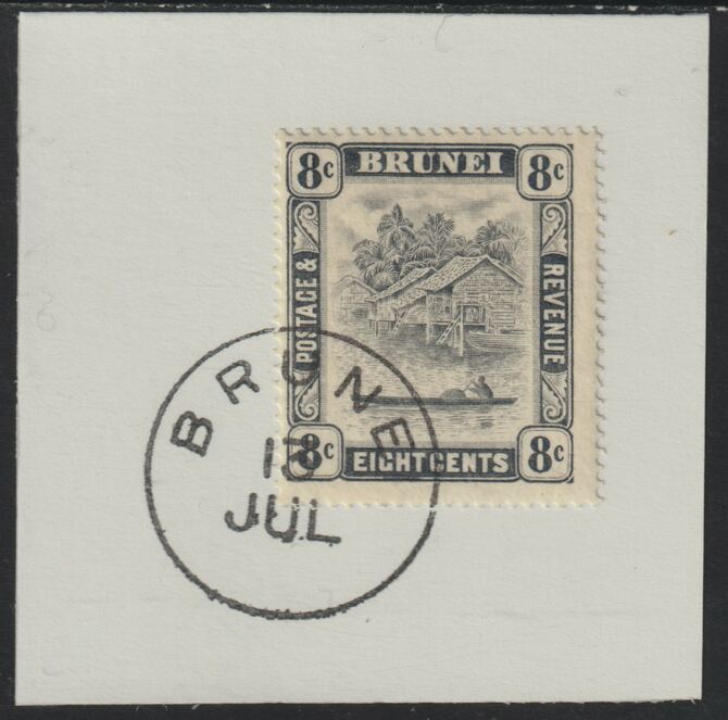 Brunei 1924 River Scene 8c grey-black (SG72) on piece with full strike of Madame Joseph forged postmark type 104, stamps on rivers