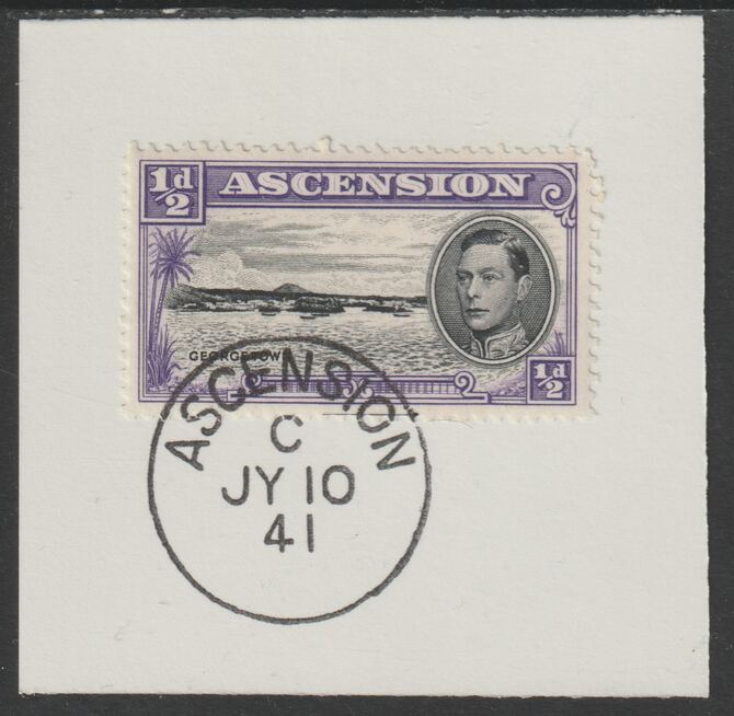 Ascension 1938 KG6 Pictorial 1/2d black & violet on piece with full strike of Madame Joseph forged postmark type 26, stamps on , stamps on  kg6 , stamps on forgery, stamps on forgeries