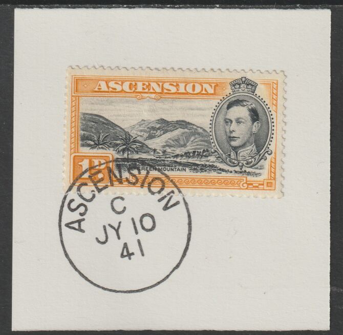 Ascension 1938 KG6 Pictorial 1d black & yellow-orange on piece with full strike of Madame Joseph forged postmark type 26, stamps on , stamps on  kg5 , stamps on 