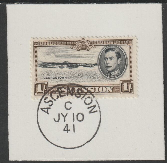 Ascension 1938 KG6 Pictorial 1s black & sepia on piece with full strike of Madame Joseph forged postmark type 26, stamps on , stamps on  kg5 , stamps on 