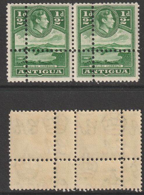 Antigua 1938 KG6 1/2d green horizontal pair with perforations doubled unmounted mint but light foxing. Note: the stamps are genuine but the additional perfs are a slightly different gauge identifying it to be a forgery., stamps on , stamps on  kg6 , stamps on forgeries