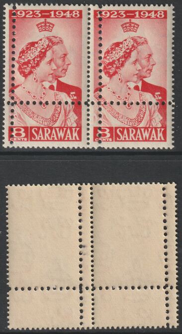 Sarawak 1948 KG6 Royal Silver Wedding 8c horizontal pair with perforations doubled unmounted mint but some foxing. Note: the stamps are genuine but the additional perfs a..., stamps on , stamps on  kg6 , stamps on forgeries