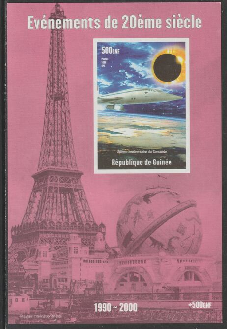 Guinea - Conakry 1998 Events of the 20th Century 1990-2000 - 30th Anniversary of Concordeimperf souvenir sheet unmounted mint. Note this item is privately produced and is..., stamps on millennium, stamps on eiffel tower, stamps on aviation, stamps on concorde, stamps on eclipse