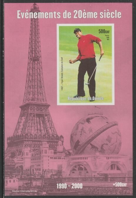 Guinea - Conakry 1998 Events of the 20th Century 1990-2000 Tiger Wioods Golf Champion imperf souvenir sheet unmounted mint. Note this item is privately produced and is of..., stamps on millennium, stamps on eiffel tower, stamps on personalities, stamps on sports, stamps on golf