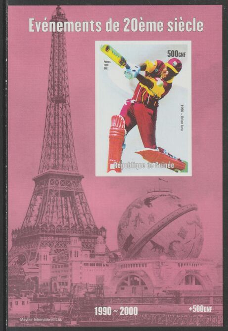 Guinea - Conakry 1998 Events of the 20th Century 1990-2000 Brian Lara (cricket) imperf souvenir sheet unmounted mint. Note this item is privately produced and is offered ..., stamps on millennium, stamps on eiffel tower, stamps on personalities, stamps on sports, stamps on cricket