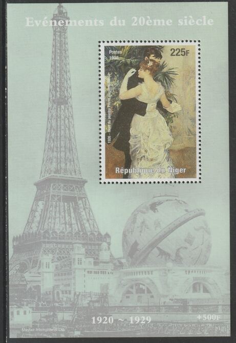 Niger Republic 1998 Events of the 20th Century 1920-1929 Death of Pierre Auguste Renoir (artist) perf souvenir sheet unmounted mint. Note this item is privately produced and is offered purely on its thematic appeal , stamps on , stamps on  stamps on millennium, stamps on  stamps on eiffel tower, stamps on  stamps on personalities, stamps on  stamps on arts, stamps on  stamps on renoir