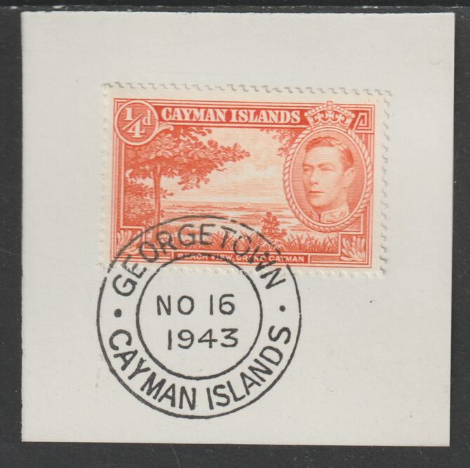 Cayman Islands 1938 KG6 Pictorial def 1/4d red-orange (Beach View) on piece with full strike of Madame Joseph forged postmark type 116 or 118, stamps on forgery, stamps on madame joseph