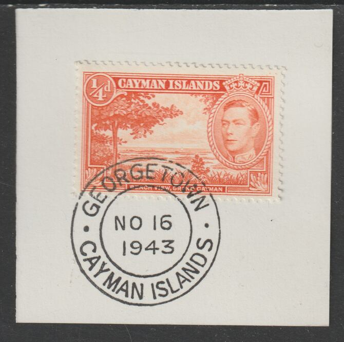 Cayman Islands 1938 KG6 Pictorial def 1/4d red-orange (Beach View) on piece with full strike of Madame Joseph forged postmark type 116 or 118, stamps on forgery, stamps on madame joseph