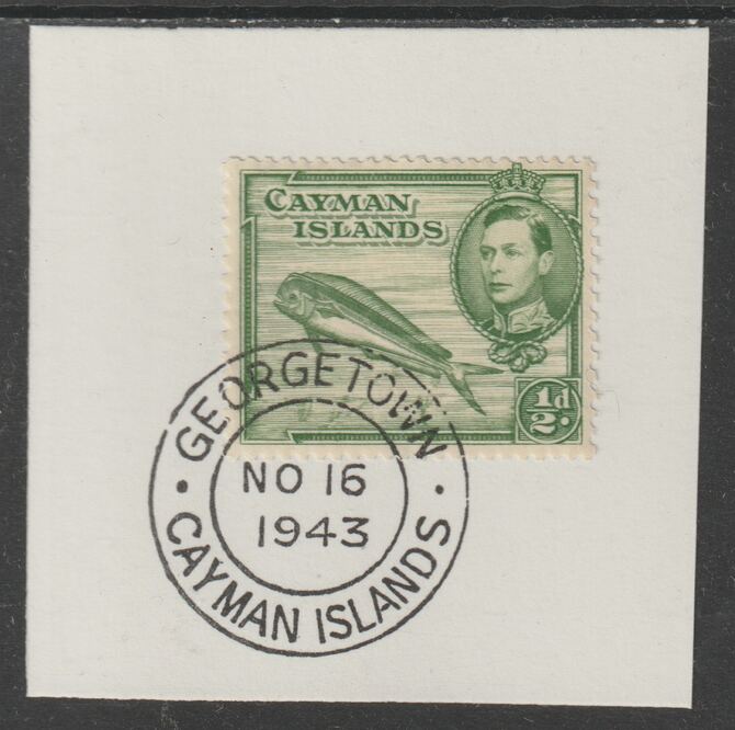 Cayman Islands 1938 KG6 Pictorial def 1/2d green (Dolphin Fish) on piece with full strike of Madame Joseph forged postmark type 116 or 118, stamps on forgery, stamps on madame joseph
