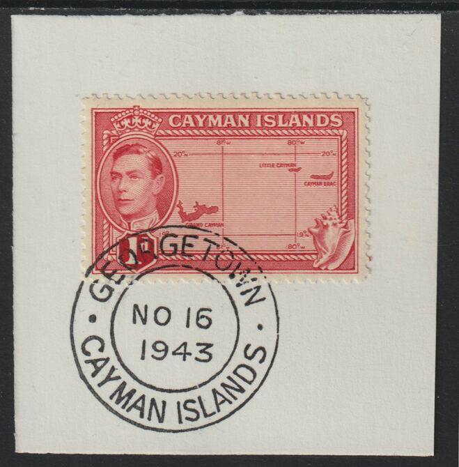 Cayman Islands 1938 KG6 Pictorial def 1d scarlet (Map) on piece with full strike of Madame Joseph forged postmark type 116 or 118, stamps on forgery, stamps on madame joseph