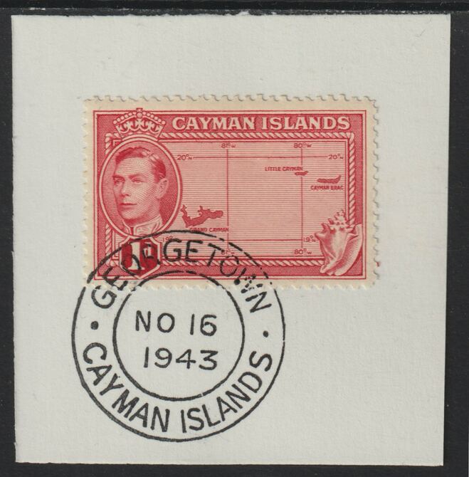 Cayman Islands 1938 KG6 Pictorial def 1d scarlet (Map) on piece with full strike of Madame Joseph forged postmark type 116 or 118, stamps on , stamps on  stamps on forgery, stamps on  stamps on madame joseph