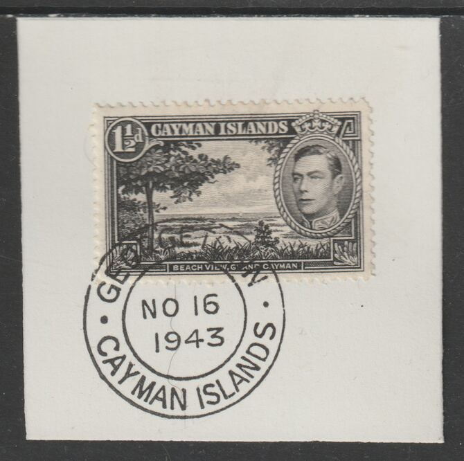 Cayman Islands 1938 KG6 Pictorial def 1.5d black (Beach View) on piece with full strike of Madame Joseph forged postmark type 116 or 118, stamps on forgery, stamps on madame joseph