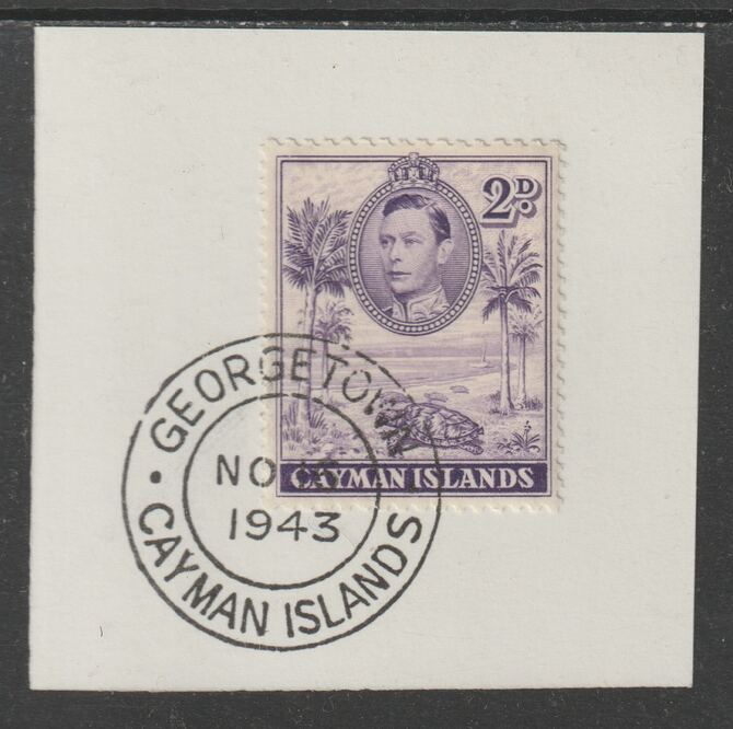 Cayman Islands 1938 KG6 Pictorial def 2d violet (Hawksbill Turtles) on piece with full strike of Madame Joseph forged postmark type 116 or 118, stamps on forgery, stamps on madame joseph