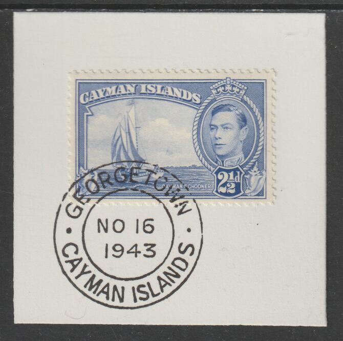 Cayman Islands 1938 KG6 Pictorial def 2.5d bright blue (Schooner) on piece with full strike of Madame Joseph forged postmark type 116 or 118, stamps on forgery, stamps on madame joseph