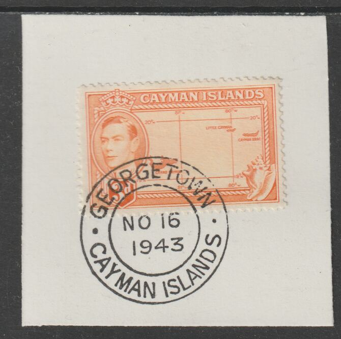 Cayman Islands 1938 KG6 Pictorial def 3d orange (Map) on piece with full strike of Madame Joseph forged postmark type 116 or 118, stamps on forgery, stamps on madame joseph