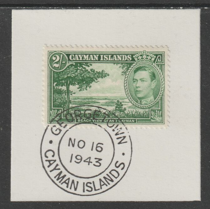 Cayman Islands 1938 KG6 Pictorial def 2s green (Beach View) on piece with full strike of Madame Joseph forged postmark type 116 or 118, stamps on forgery, stamps on madame joseph
