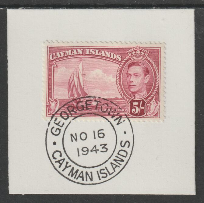 Cayman Islands 1938 KG6 Pictorial def 5s carmine (Schooner) on piece with full strike of Madame Joseph forged postmark type 116 or 118, stamps on forgery, stamps on madame joseph