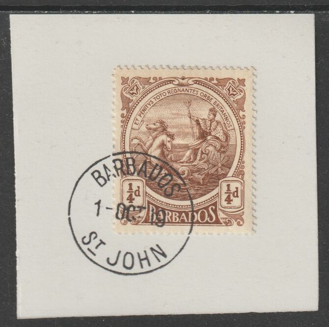 Barbados 1916-19 Large Britannia 1/4d bown on piece with full strike of Madame Joseph forged postmark type 45, stamps on , stamps on  stamps on , stamps on  stamps on  kg5 , stamps on  stamps on forgery, stamps on  stamps on madame joseph