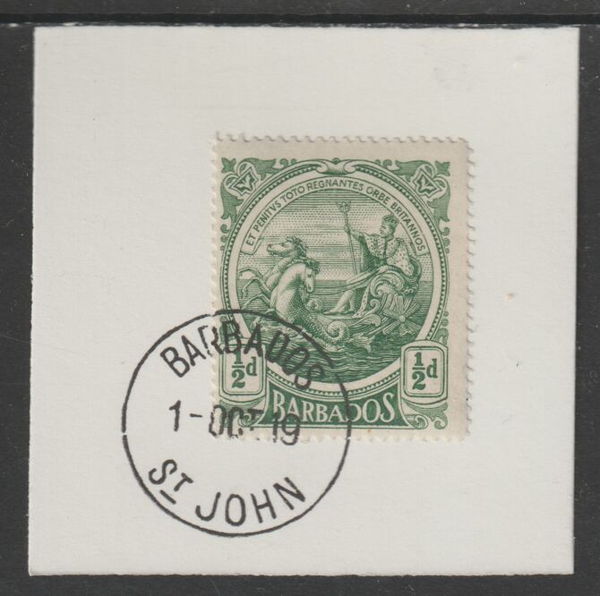 Barbados 1916-19 Large Britannia 1/2d green on piece with full strike of Madame Joseph forged postmark type 45, stamps on , stamps on  stamps on , stamps on  stamps on  kg5 , stamps on  stamps on forgery, stamps on  stamps on madame joseph