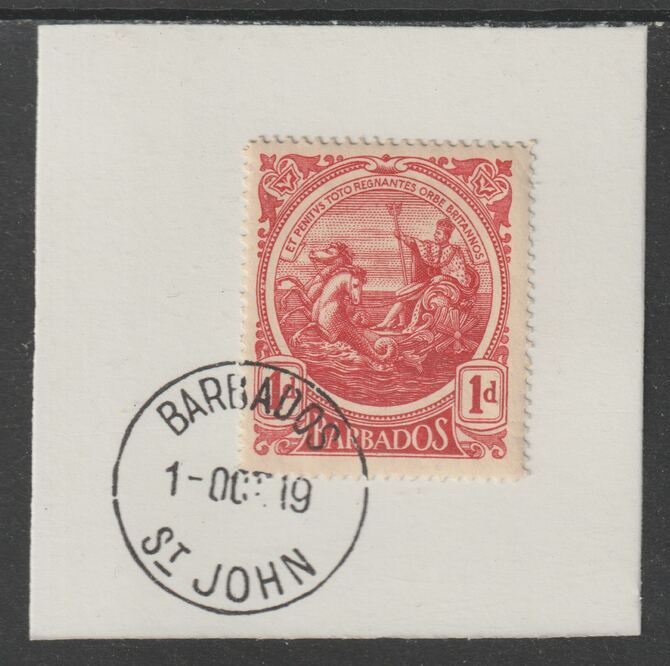 Barbados 1916-19 Large Britannia 1d deep red on piece with full strike of Madame Joseph forged postmark type 45, stamps on , stamps on  kg5 , stamps on forgery, stamps on madame joseph
