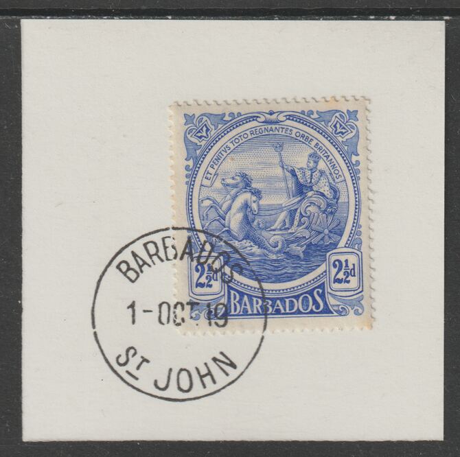 Barbados 1916-19 Large Britannia 2.5d ultramarine on piece with full strike of Madame Joseph forged postmark type 45, stamps on , stamps on  kg5 , stamps on forgery, stamps on madame joseph