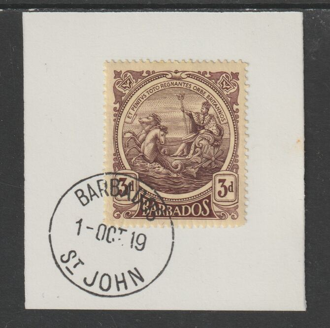 Barbados 1916-19 Large Britannia 3d purple on yellow on piece with full strike of Madame Joseph forged postmark type 45, stamps on , stamps on  kg5 , stamps on forgery, stamps on madame joseph