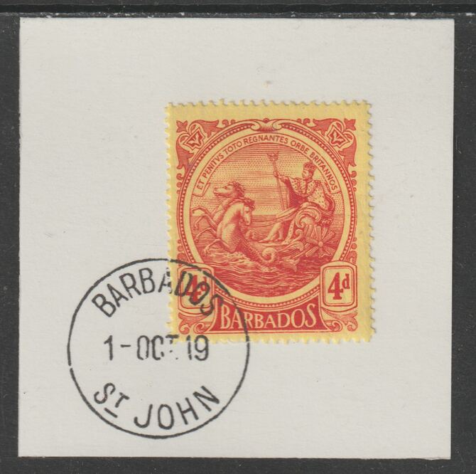 Barbados 1916-19 Large Britannia 4d red on yellow on piece with full strike of Madame Joseph forged postmark type 45, stamps on , stamps on  stamps on , stamps on  stamps on  kg5 , stamps on  stamps on forgery, stamps on  stamps on madame joseph