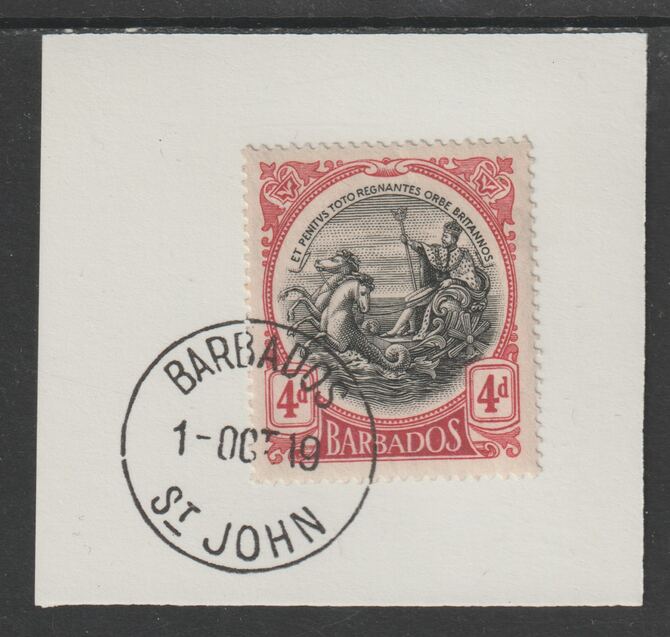 Barbados 1916-19 Large Britannia 4d black & red on piece with full strike of Madame Joseph forged postmark type 45, stamps on , stamps on  stamps on , stamps on  stamps on  kg5 , stamps on  stamps on forgery, stamps on  stamps on madame joseph
