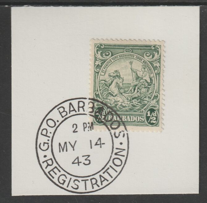 Barbados 1938 KG6 Britannia 1/2d green on piece with full strike of Madame Joseph forged postmark type 47, stamps on , stamps on  kg5 , stamps on forgery, stamps on madame joseph