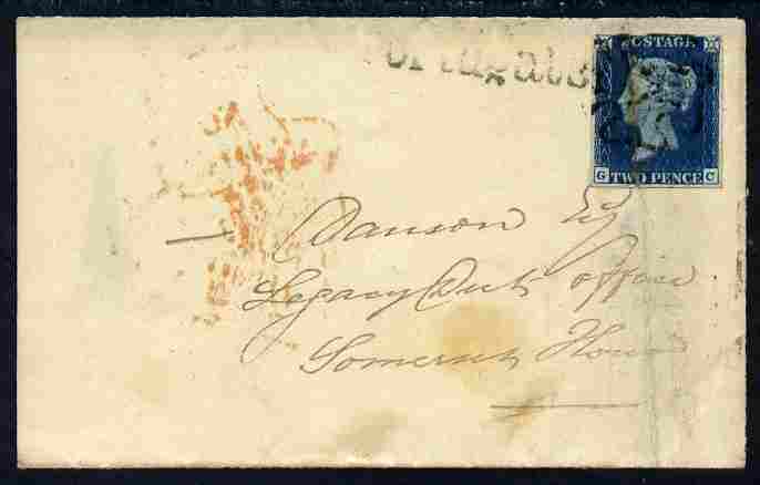 Great Britain 1840 part entire to Somerset House bearing 2d blue  lettered GC, stamp has 4 margins but is  split by filing crease, nevertheless a most attractive item cat..., stamps on 