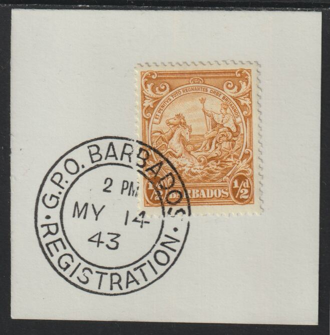 Barbados 1938 KG6 Britannia 1/2d yellow-bistre on piece with full strike of Madame Joseph forged postmark type 47, stamps on , stamps on  stamps on , stamps on  stamps on  kg5 , stamps on  stamps on forgery, stamps on  stamps on madame joseph